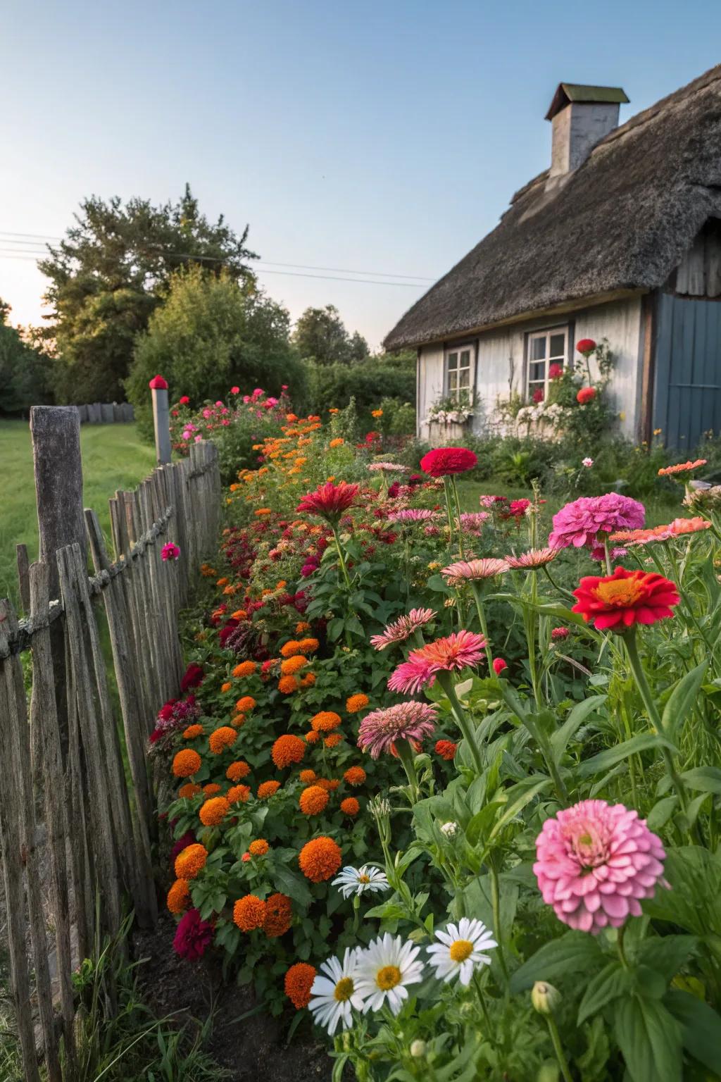 A captivating rural garden, abundant with Glowblooms, majestic hollyhocks, and cheerful daisies.