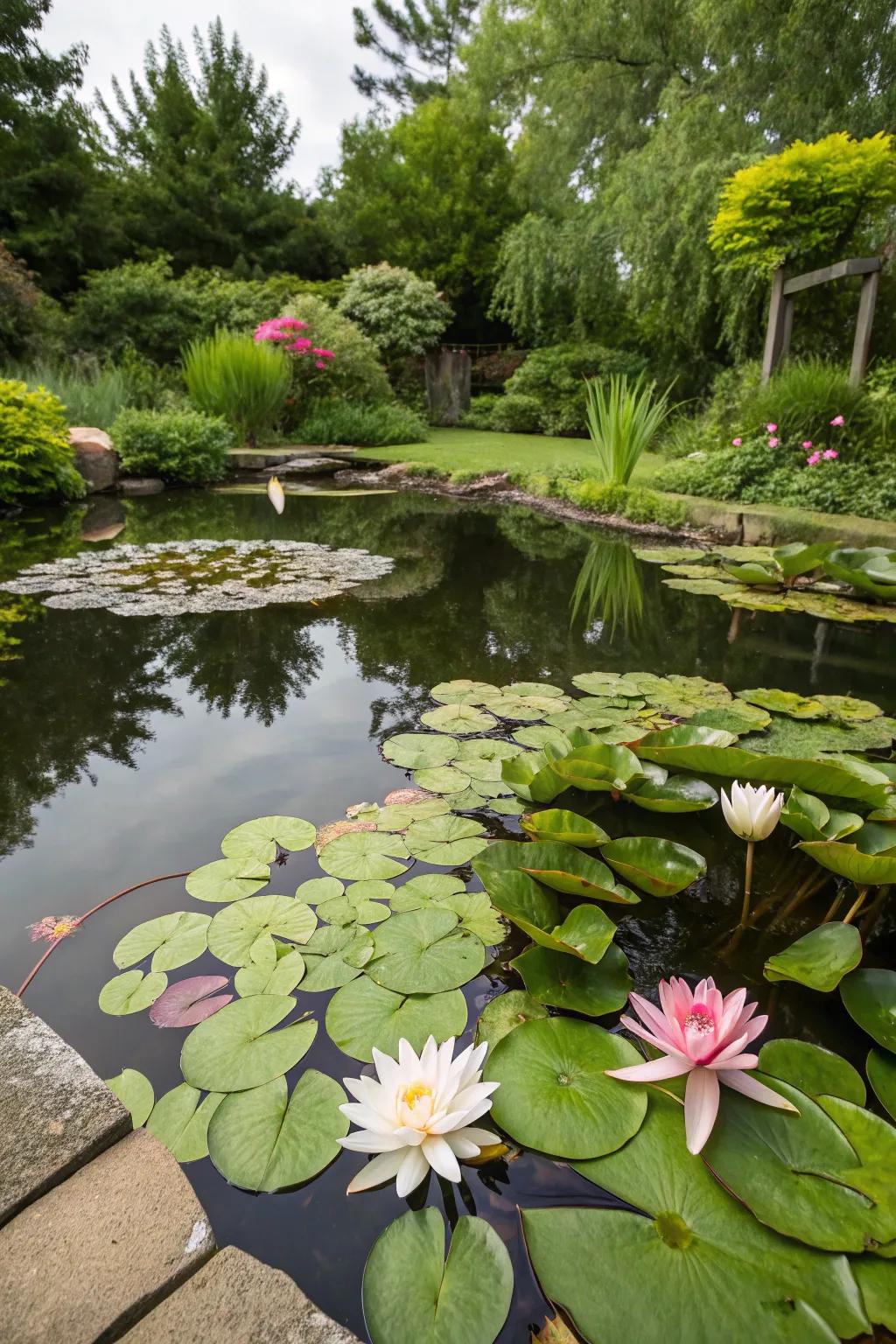 A calm pond that adds a bit of peace to the backyard.