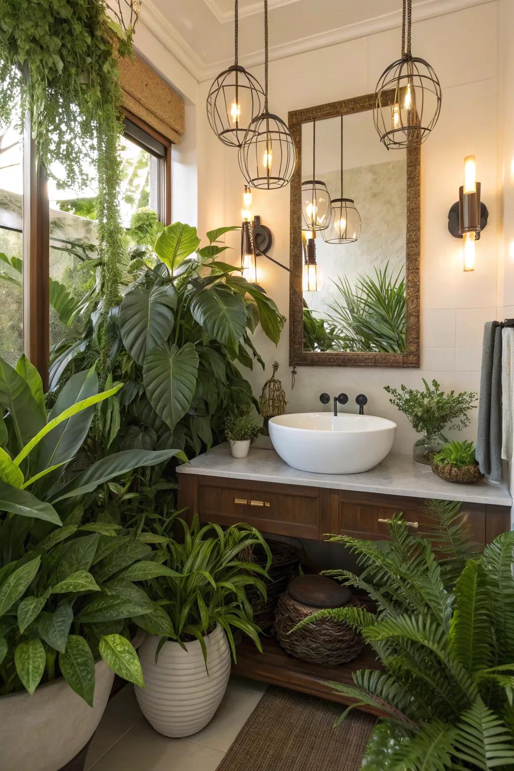 Lush greenery brings a fresh feel to this half bath.