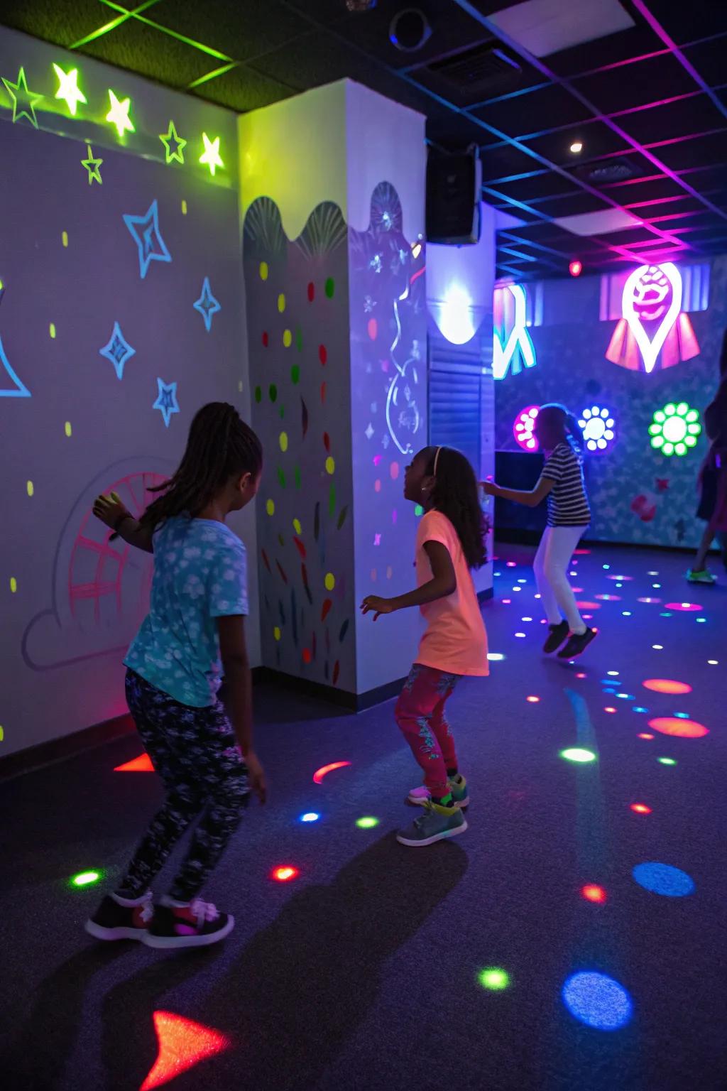 An animated glow-in-the-dark disco filled with neon lights and lively vibes.