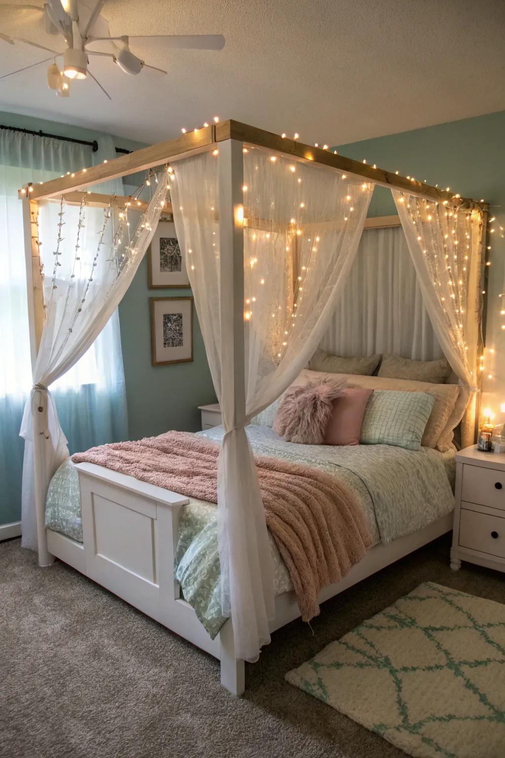 A cozy canopy adorned with LED lights for a personal retreat feel.