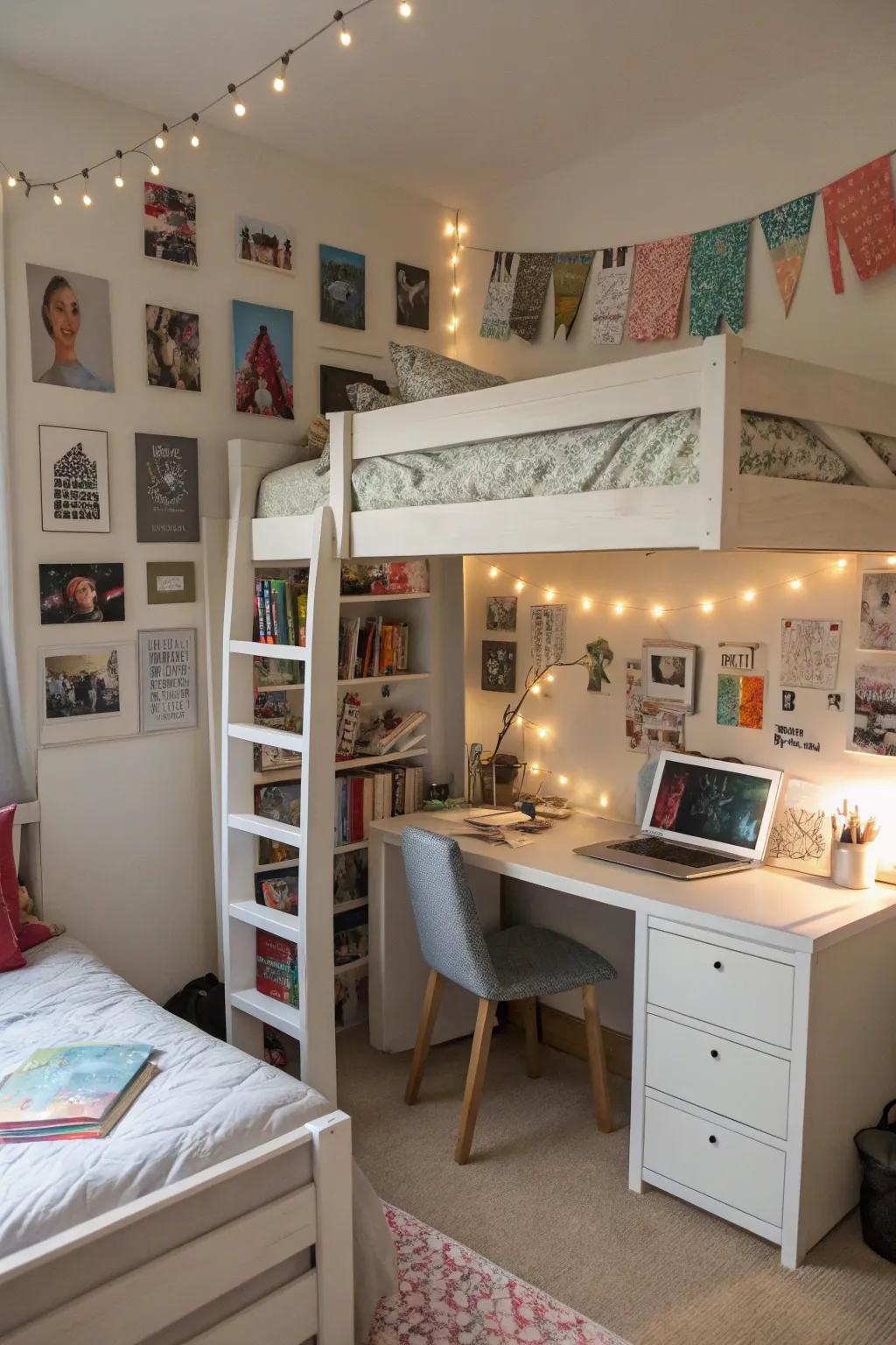 A multifunctional loft bed setup for efficient space use.