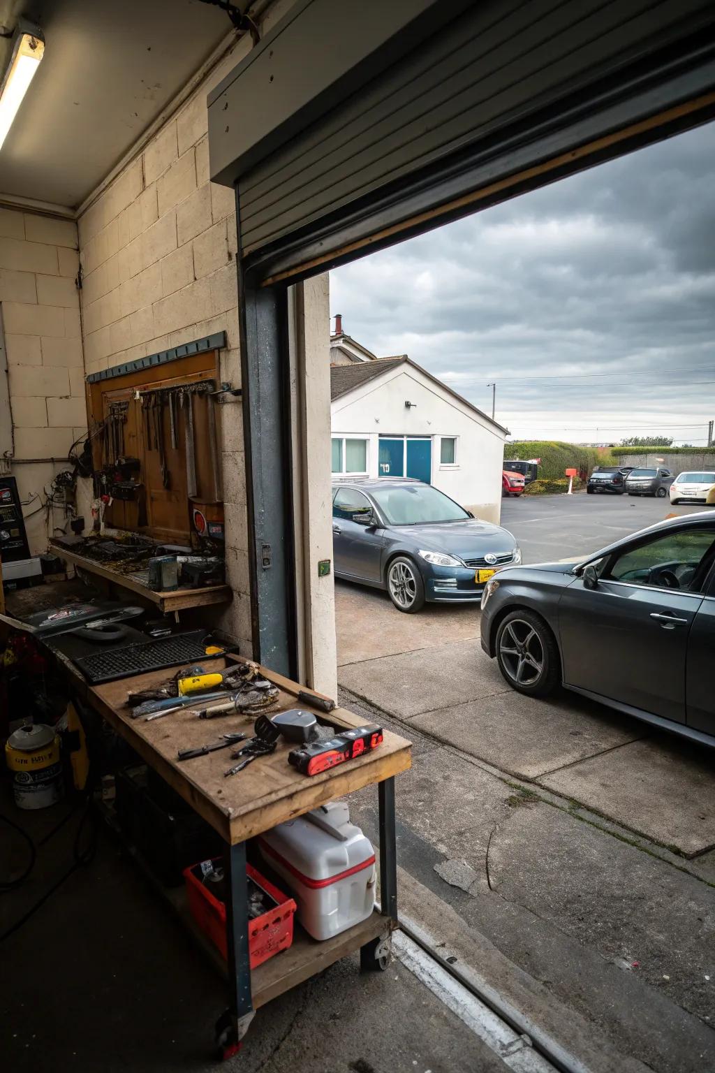 A fold-down workbench provides adaptable workspace in the garage.