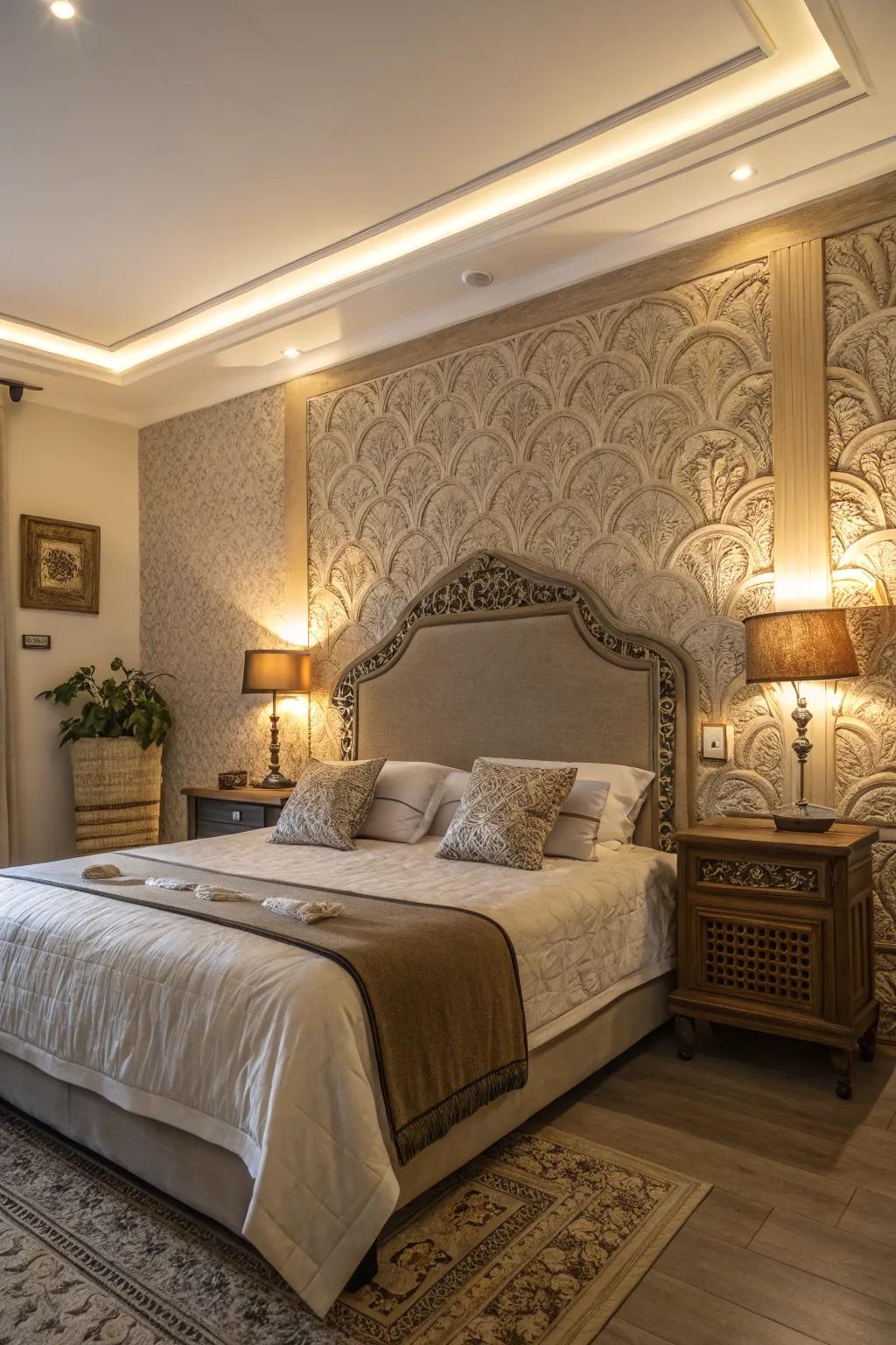 Embossed dividers and crisscrosses amplify bedchamber snugness.