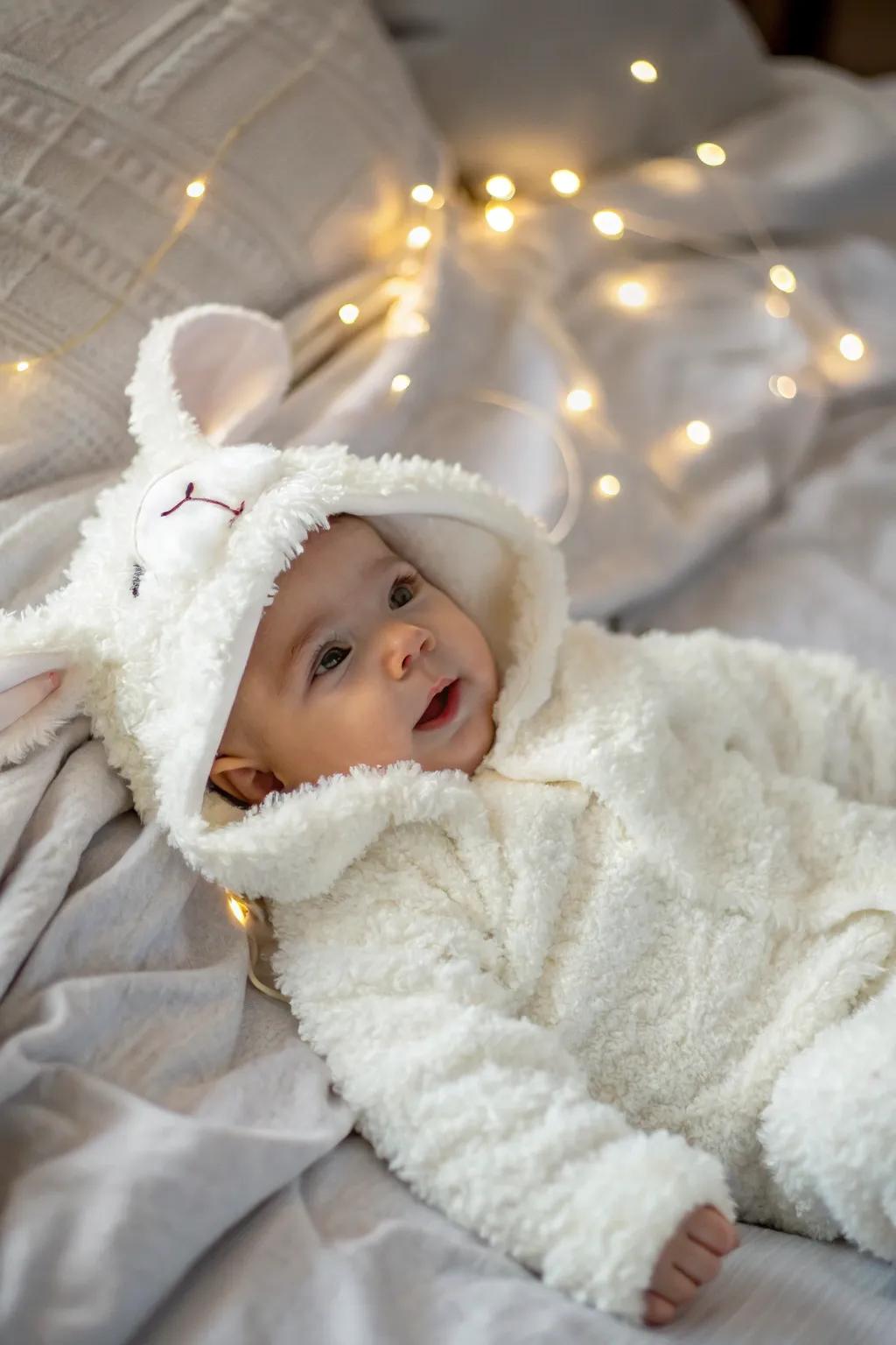 Snuggle up with this adorable lamb costume, a symbol of peace and warmth.