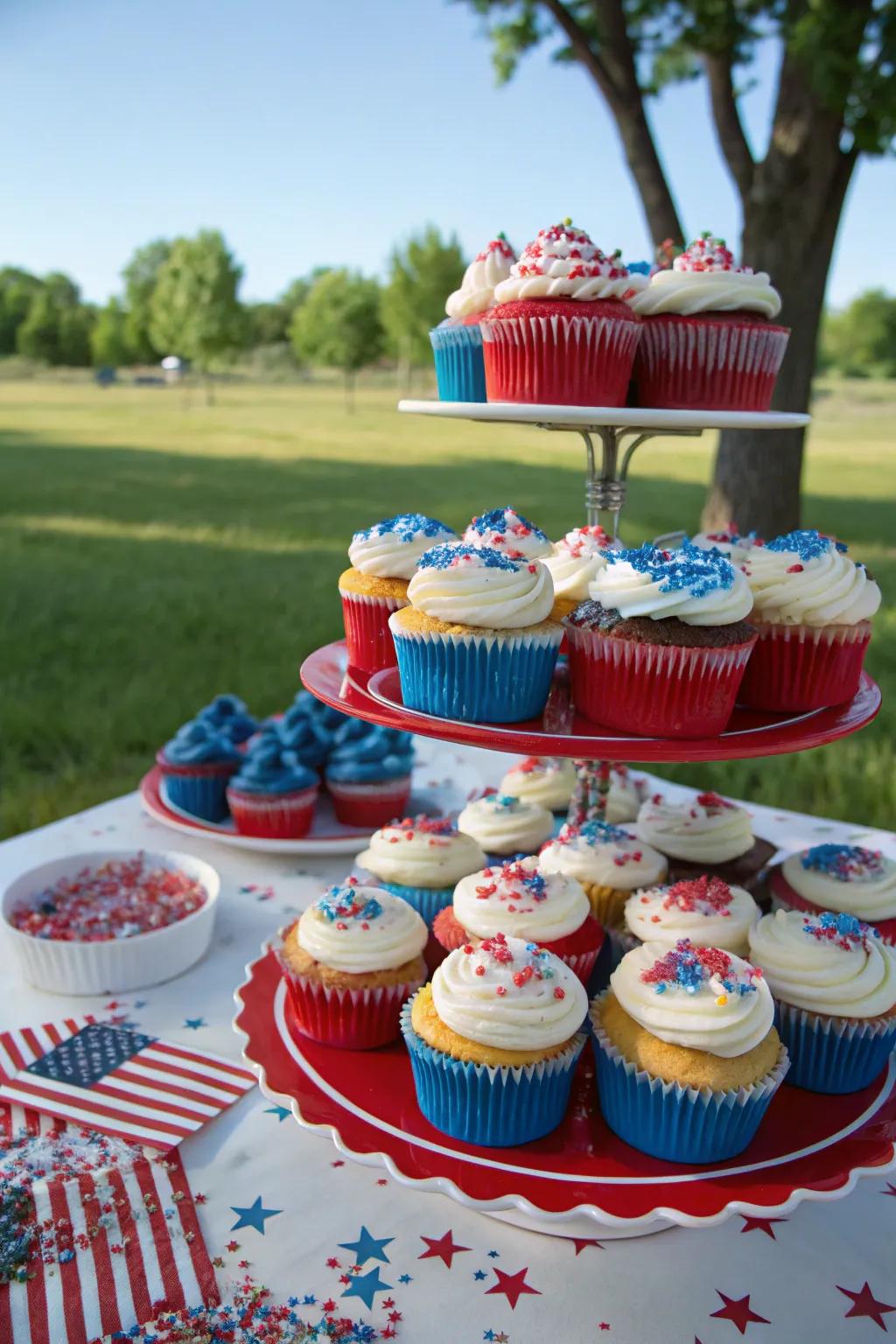 A Celebratory Cupcake Showcase of patriotic cupcakes adds sweetness to the celebration.