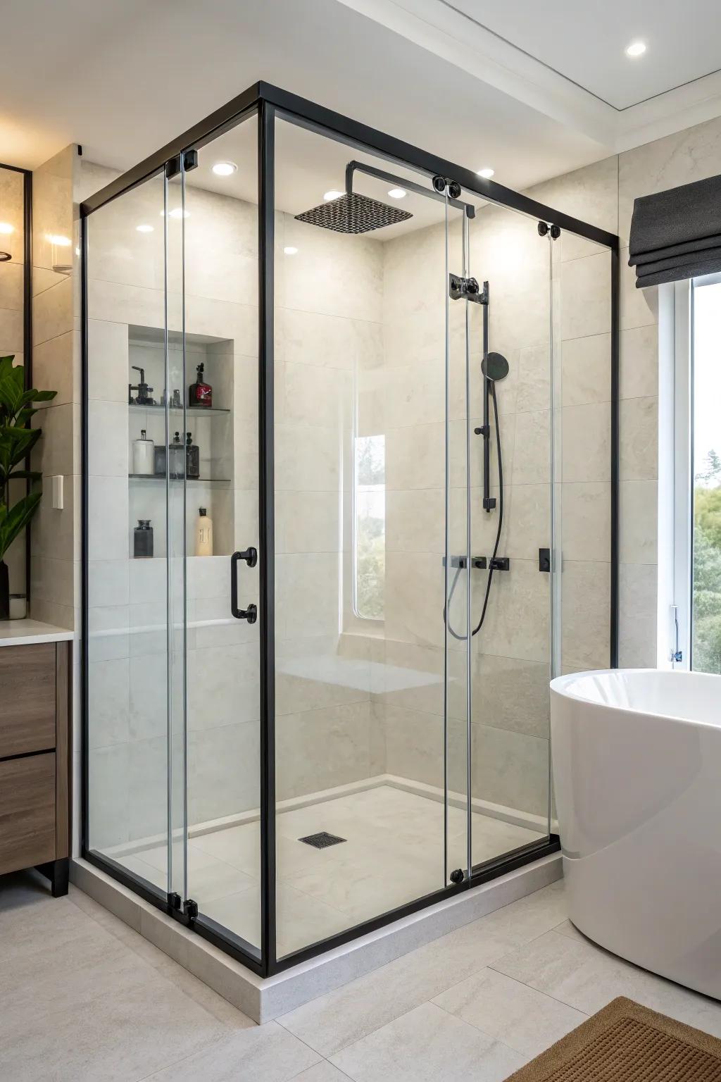 A tinted shower screen contributes depth and panache to a small bathroom.