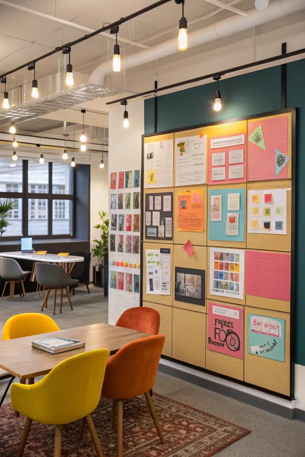 Retro graphic designs gracing a pinboard in a contemporary retro workspace.