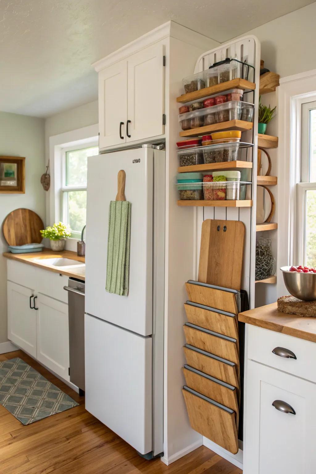 Vertical keepers sustain platters and chopping boards neatly stowed.