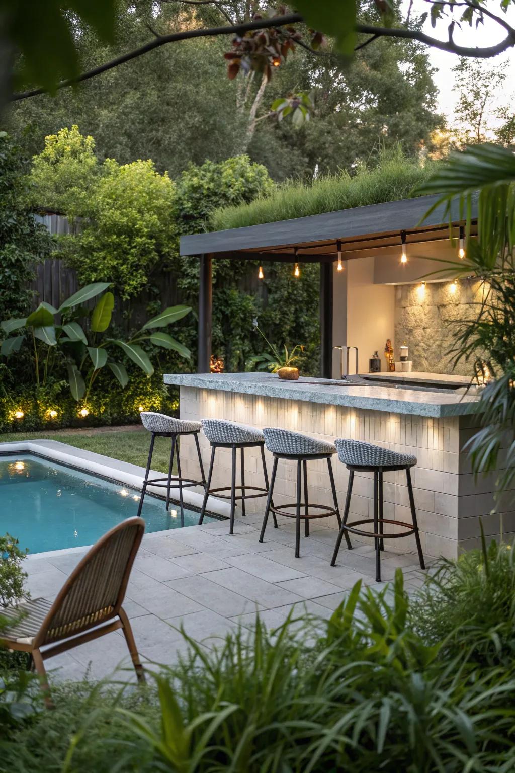 Comfortable seating enhances the pleasure of your poolside bar.