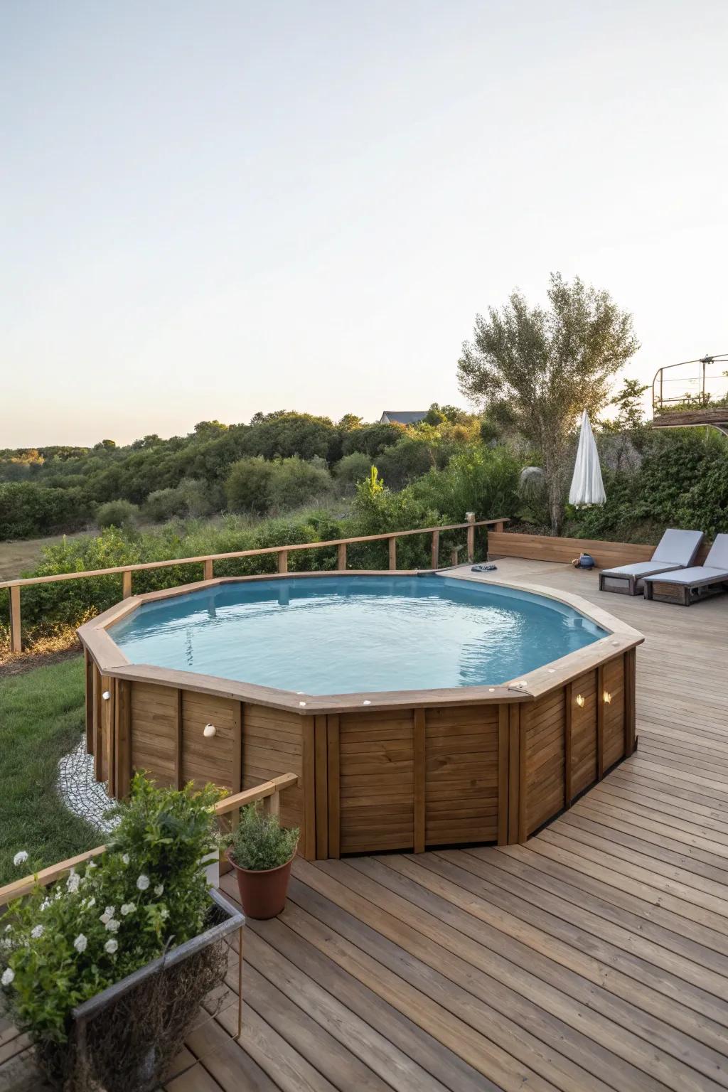 Wooden decks elevate the pool experience with style.
