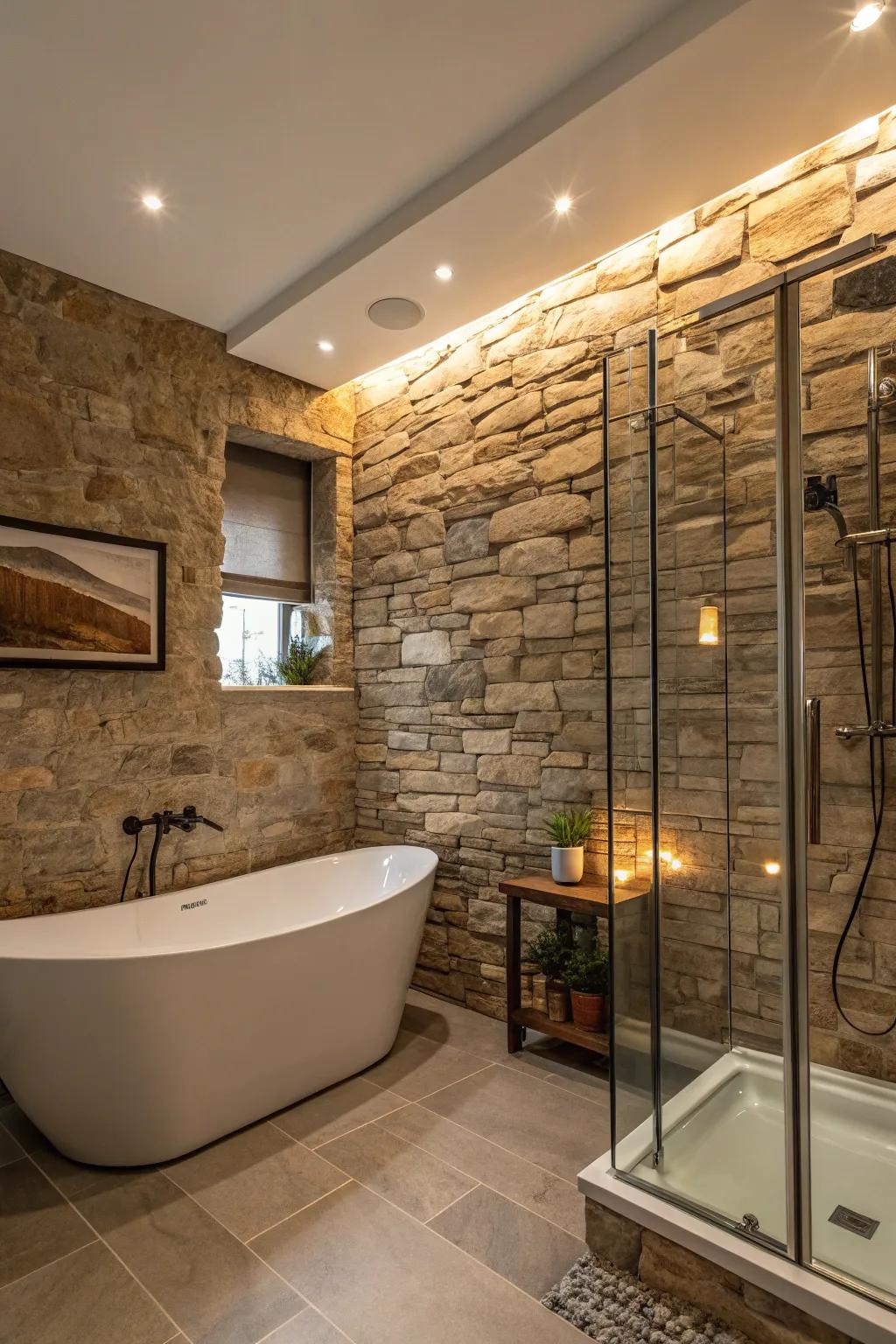 Stone walls create an elegant and spa-like atmosphere.