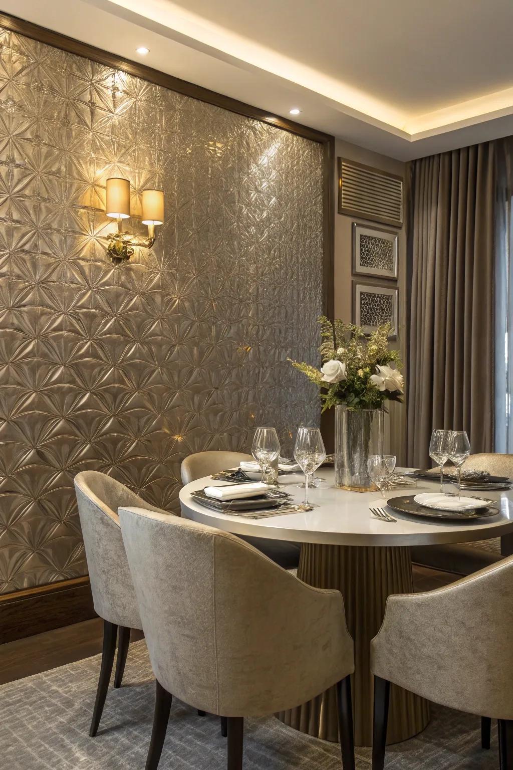 Textured wall covering includes a stylish sensation to the eating room.