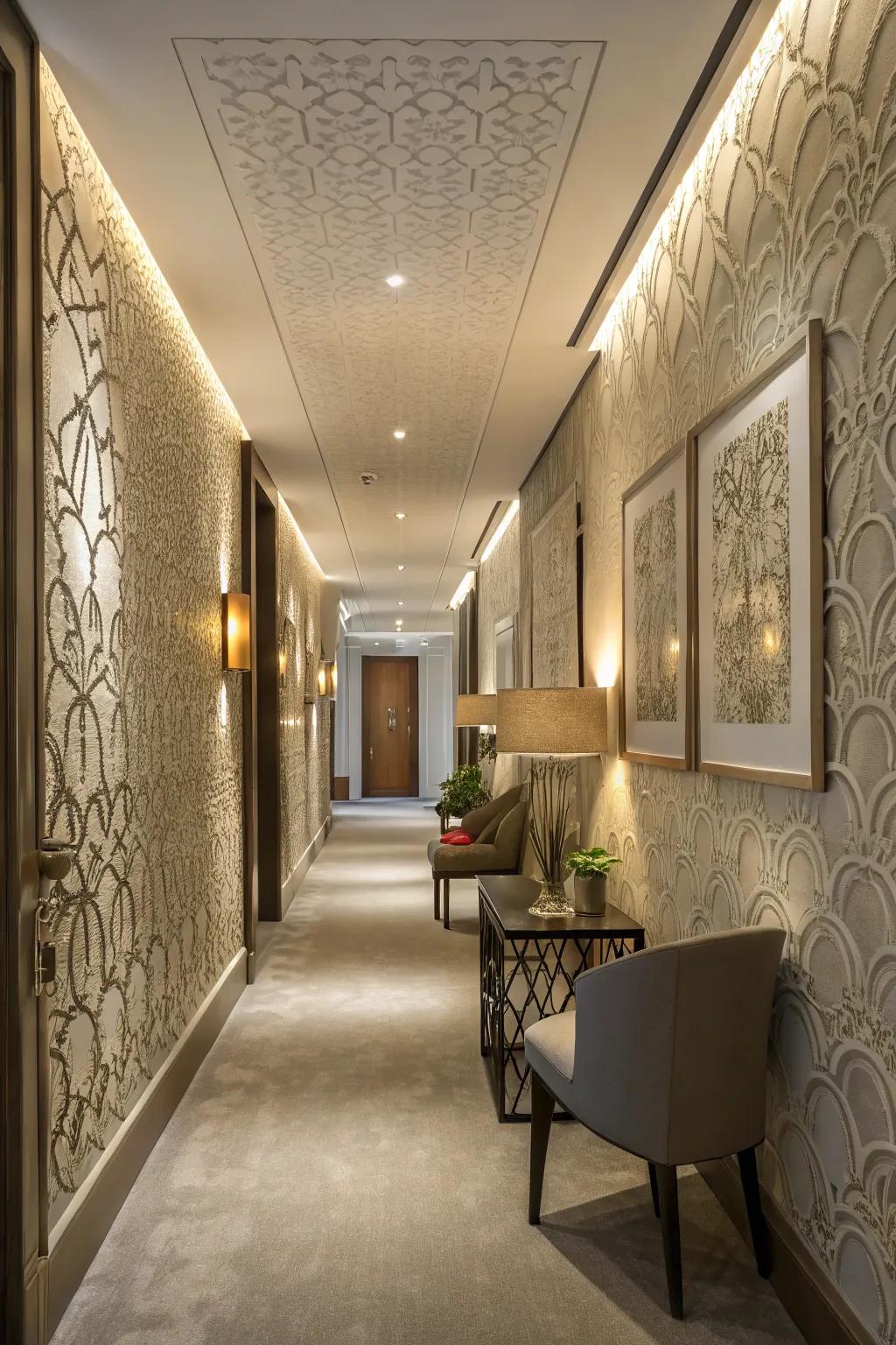 Textured wallpaper adds depth and charm to a modern hallway.