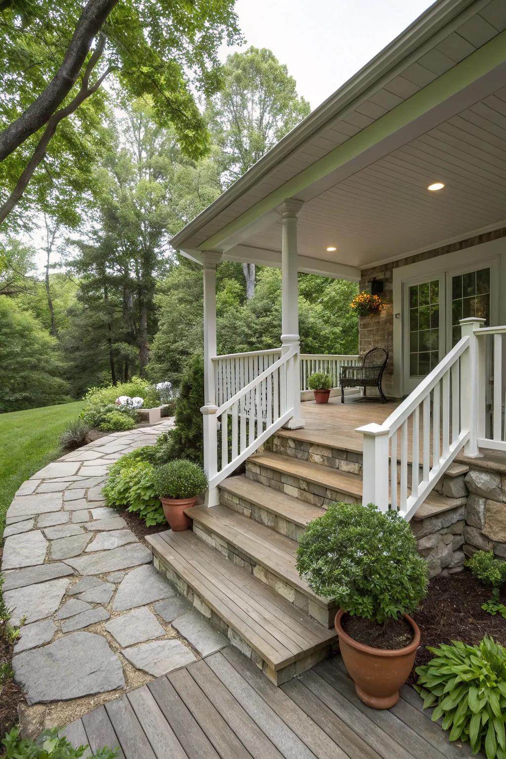 A rustic porch with natural materials for a harmonious look.