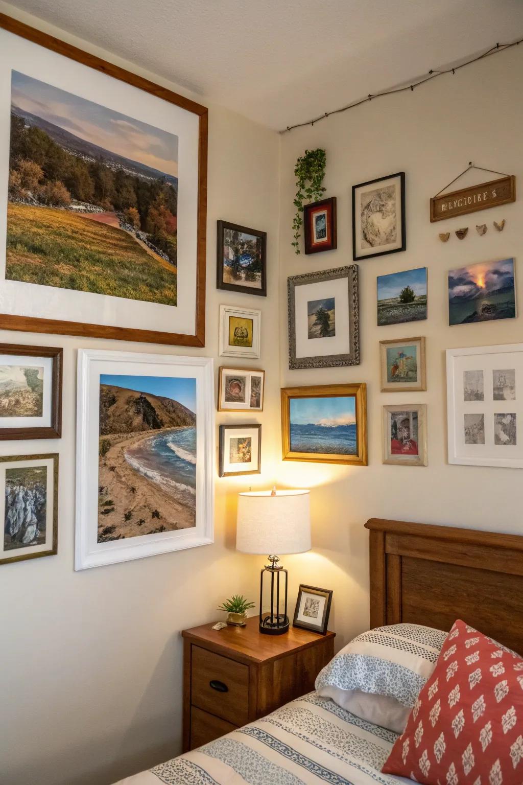 A curated wall of art and photos shares personal stories.