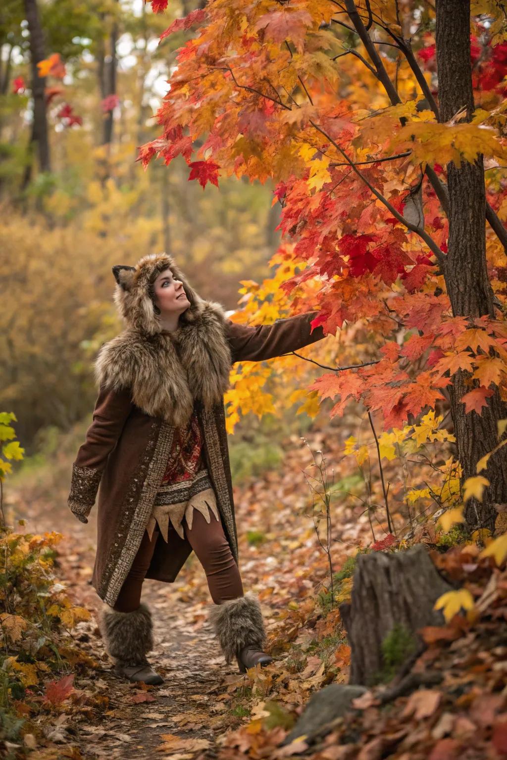 A mystical being amidst autumnal leaves.