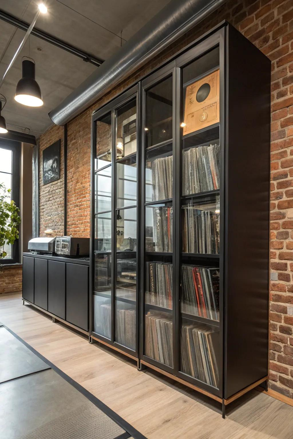 An industrial-style storage unit contributing a modern aesthetic to the room.
