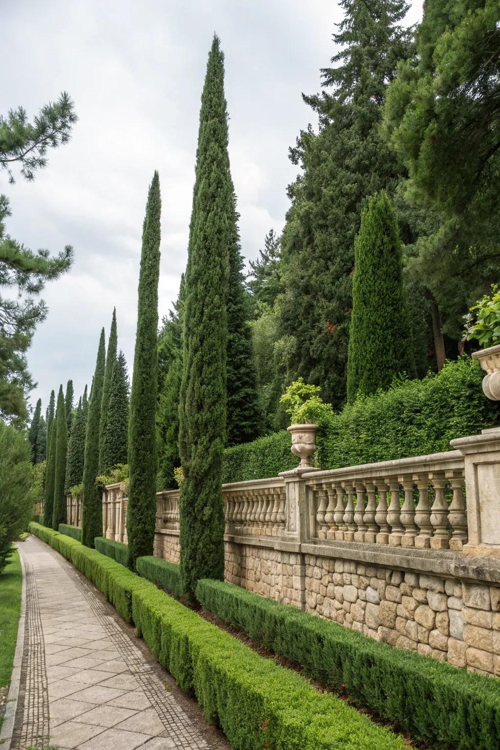 Tall trees and green screens offer seclusion and aesthetic appeal.