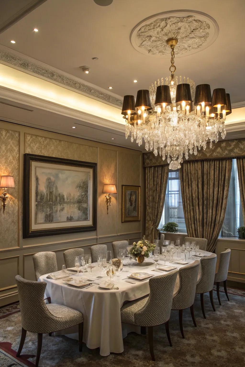 A refined luminaire serving as a focal point in a colonial eating area.