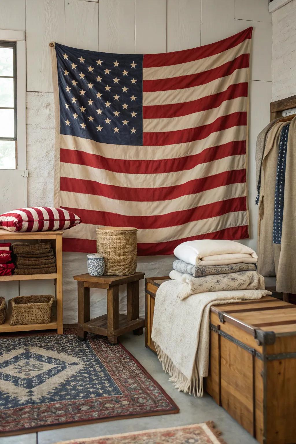 The layering of textures, accentuated by a Stars and Stripes, deepens the ambiance of the room.
