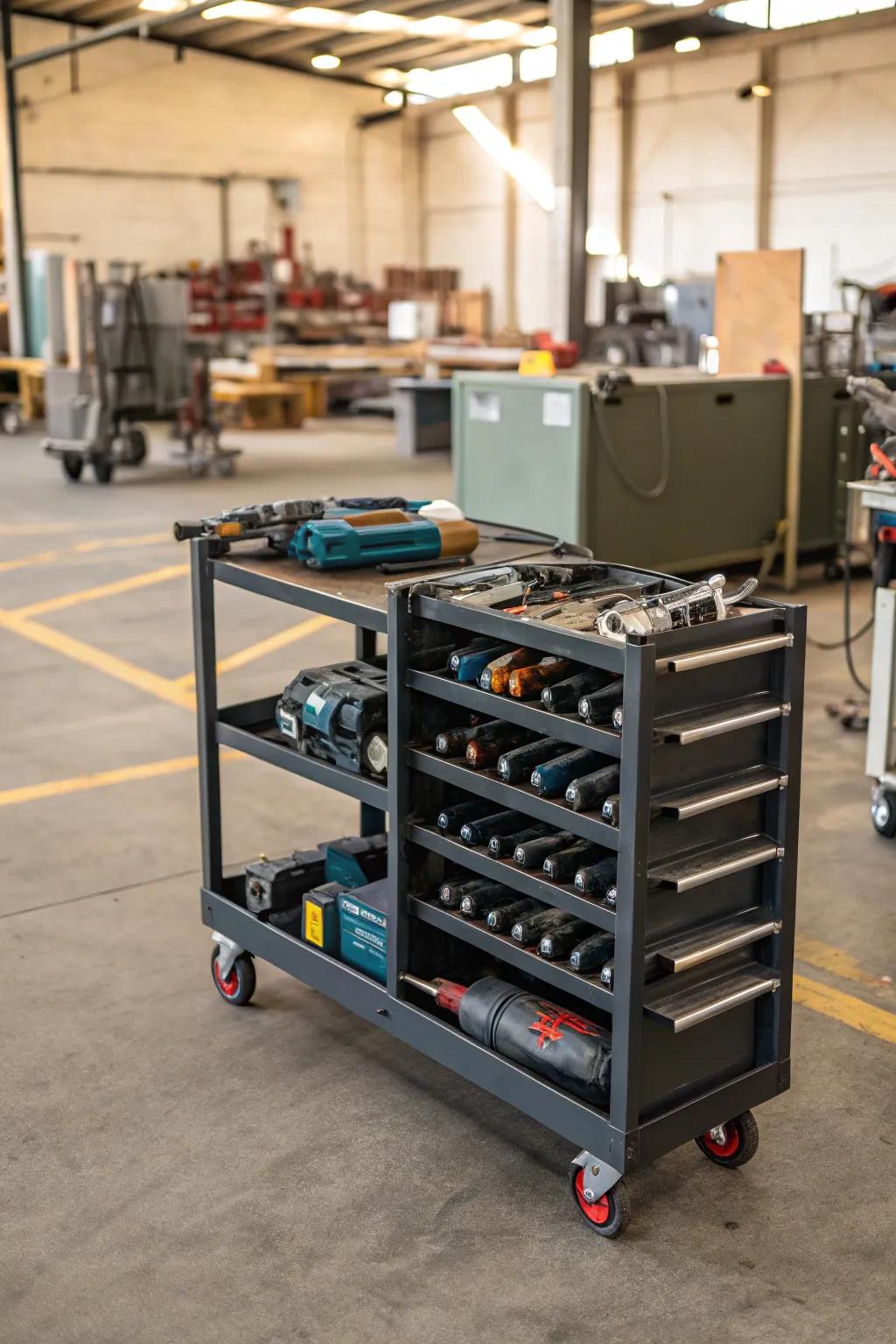 Mobile cart for versatile angle grinder storage across different work zones.