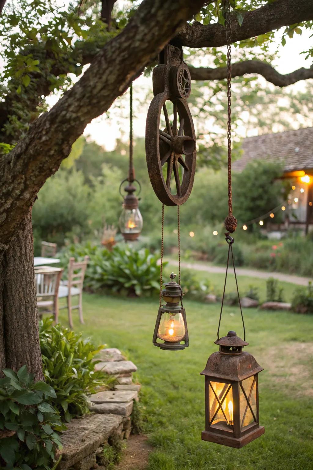 Make magical garden lighting with vintage pulleys.