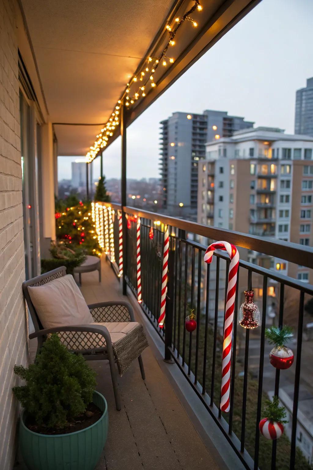 Theme-based illumination introduces a spirited celebratory sensation to this balcony.