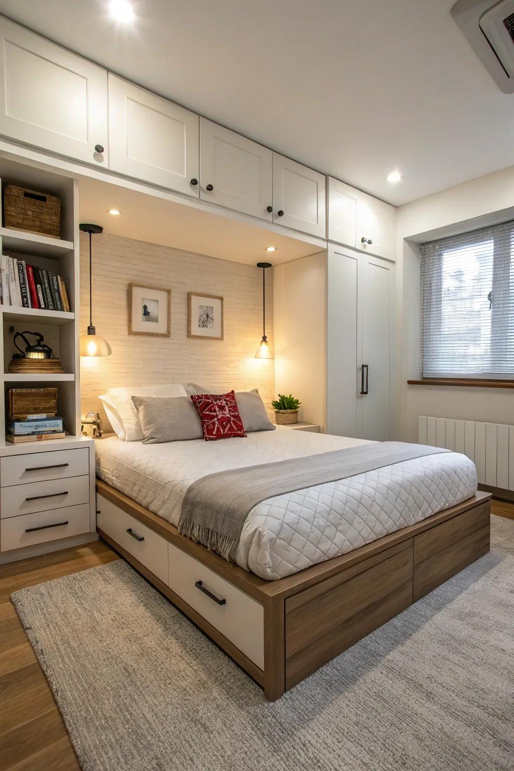 A functional apartment bedroom with a platform bed that offers built-in storage.