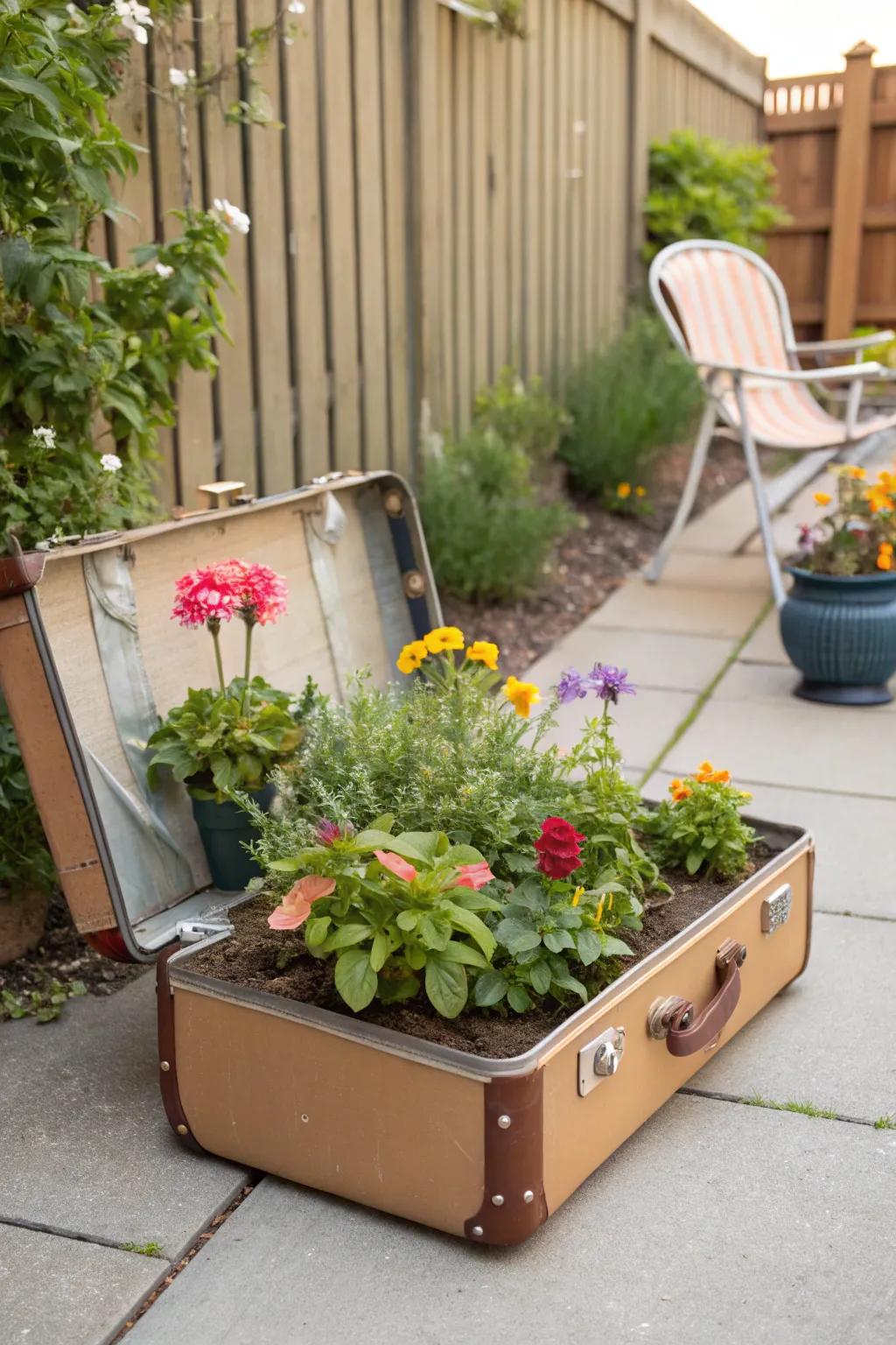 Repurposed planters add charm and promote sustainability in your outdoor setting.