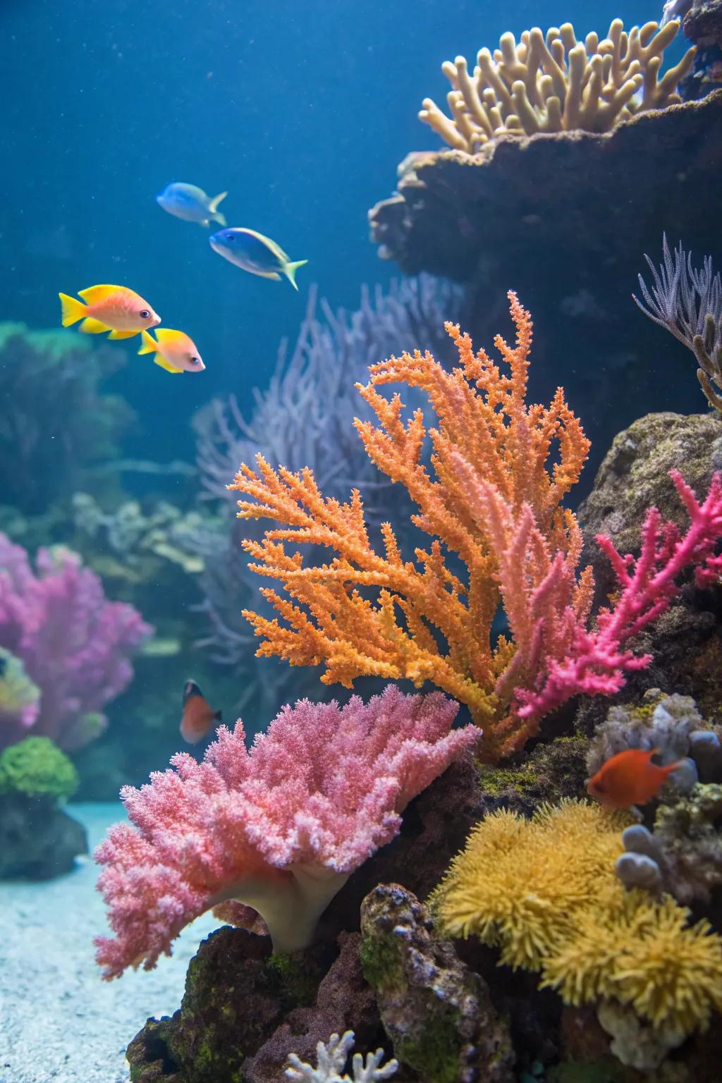 Lustrous artificial reef imbues a vibrant dash of hue into the tank.