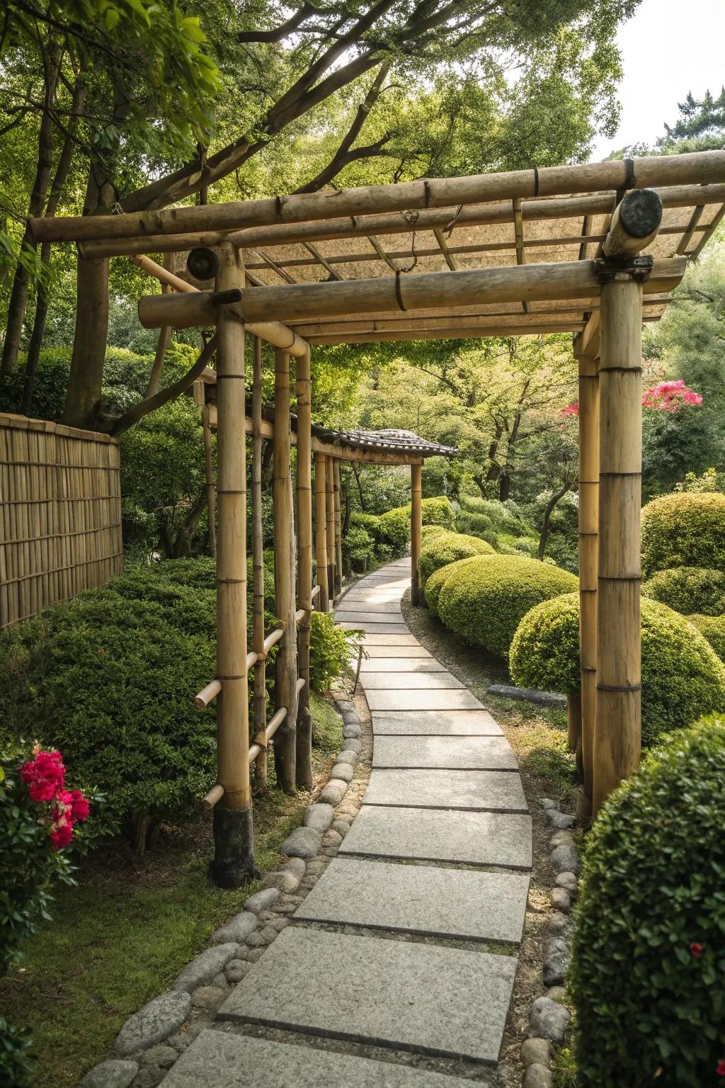 A tranquil Japanese-inspired arbor, creating a serene garden escape.