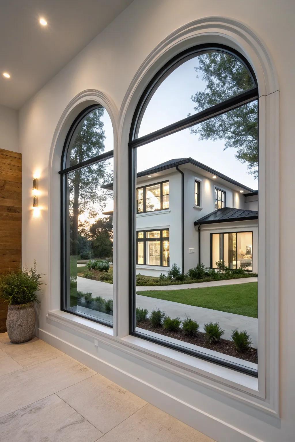 Contemporary lines provide a streamlined, updated look to traditional arch windows.