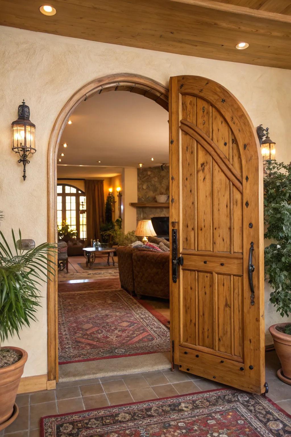 A timber archway door imbuing a cozy interior with warmth and texture.