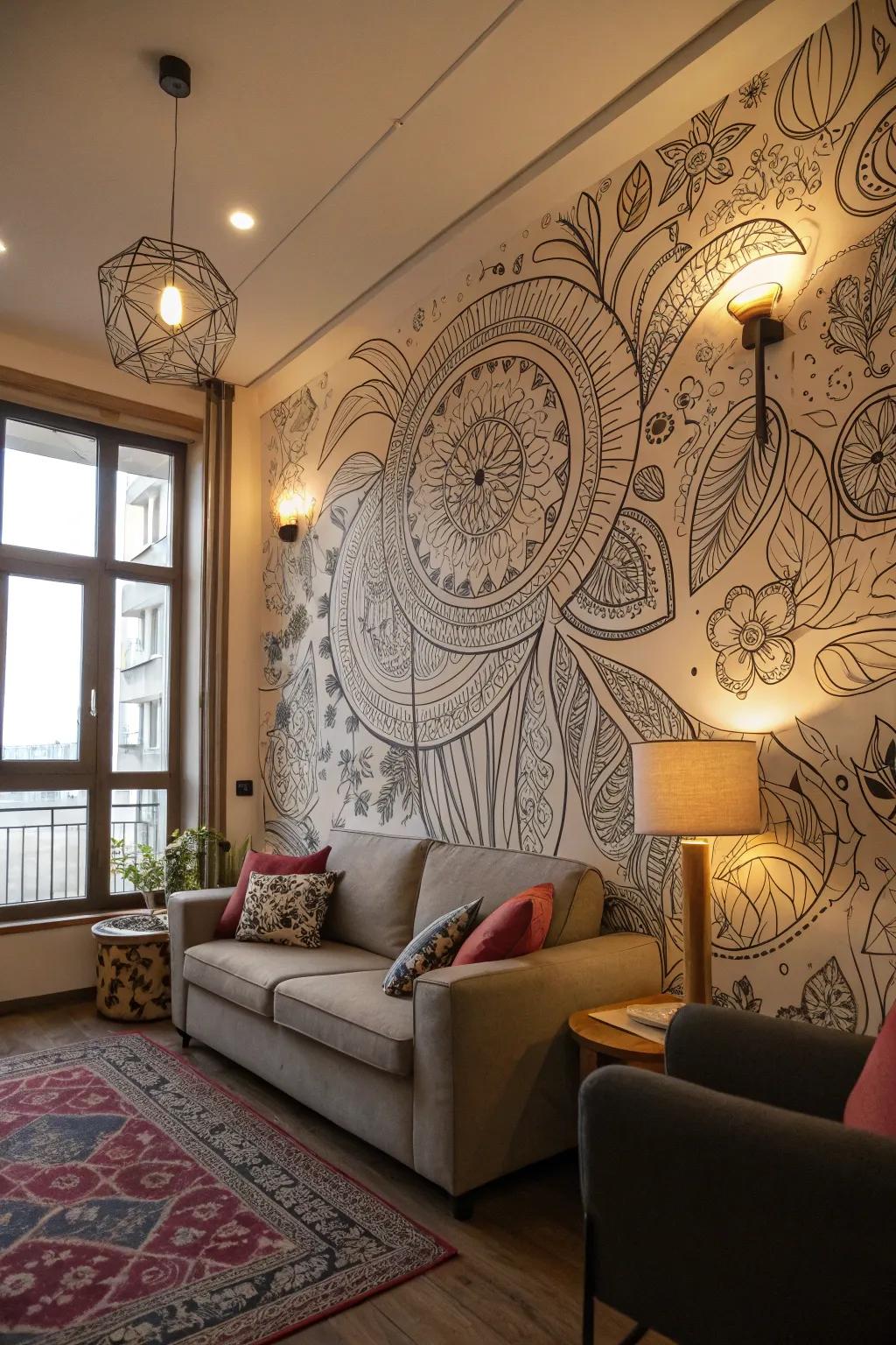 A complete wall converted with elaborate doodle art, establishing a playful and artistic ambiance.