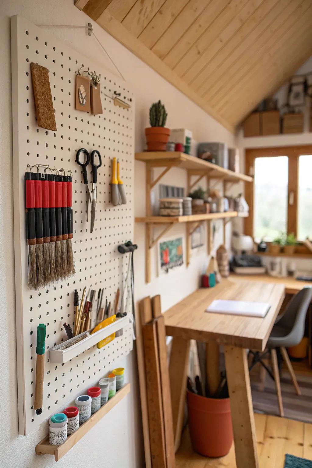 Pegboards are perfect for utilizing wall space in your art studio.