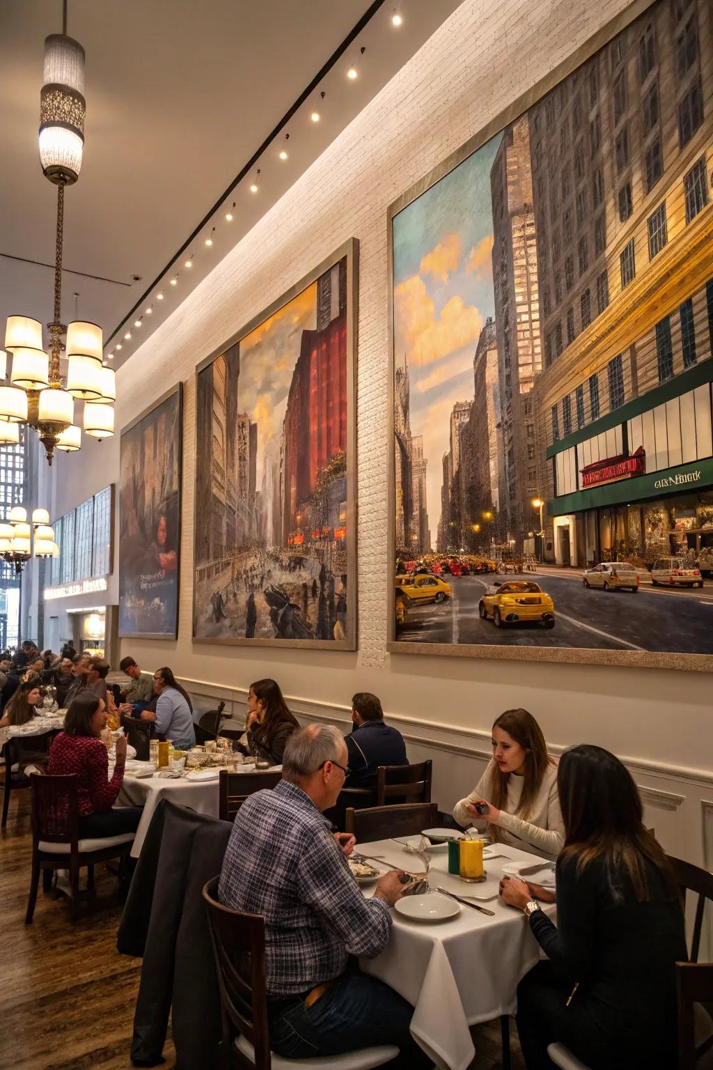 City-themed visuals inject an energetic city ambiance into this dining space.