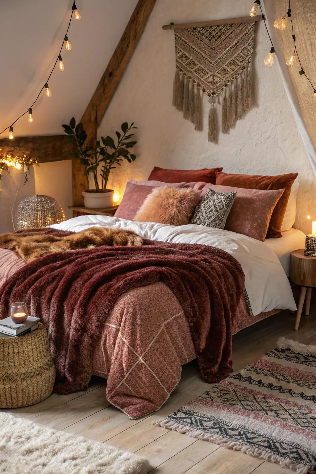 Layered textiles create a comforting and artistic setting.