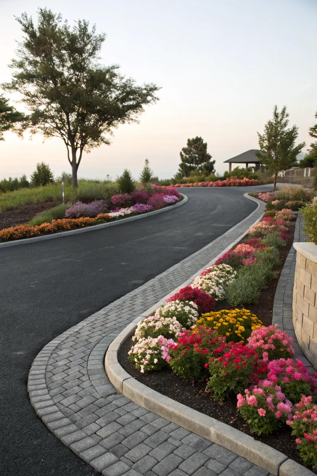 Curved paver borders add a flowing elegance to this inviting driveway.
