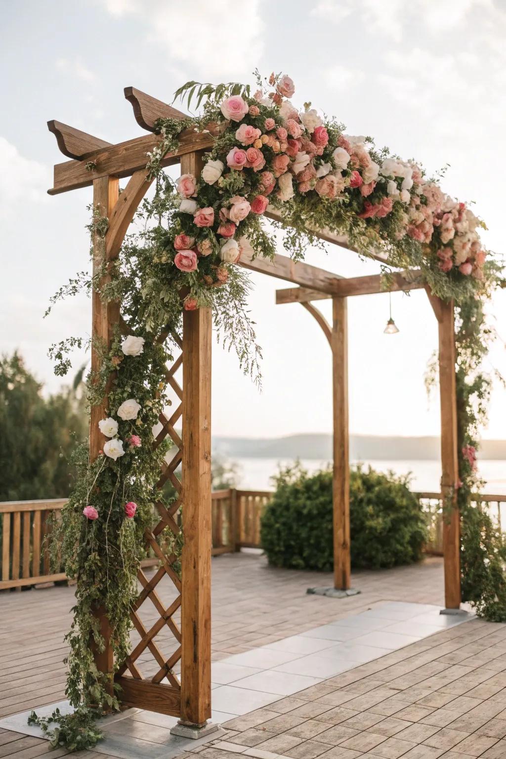 A stunning wooden archway serves as a ceremony backdrop.