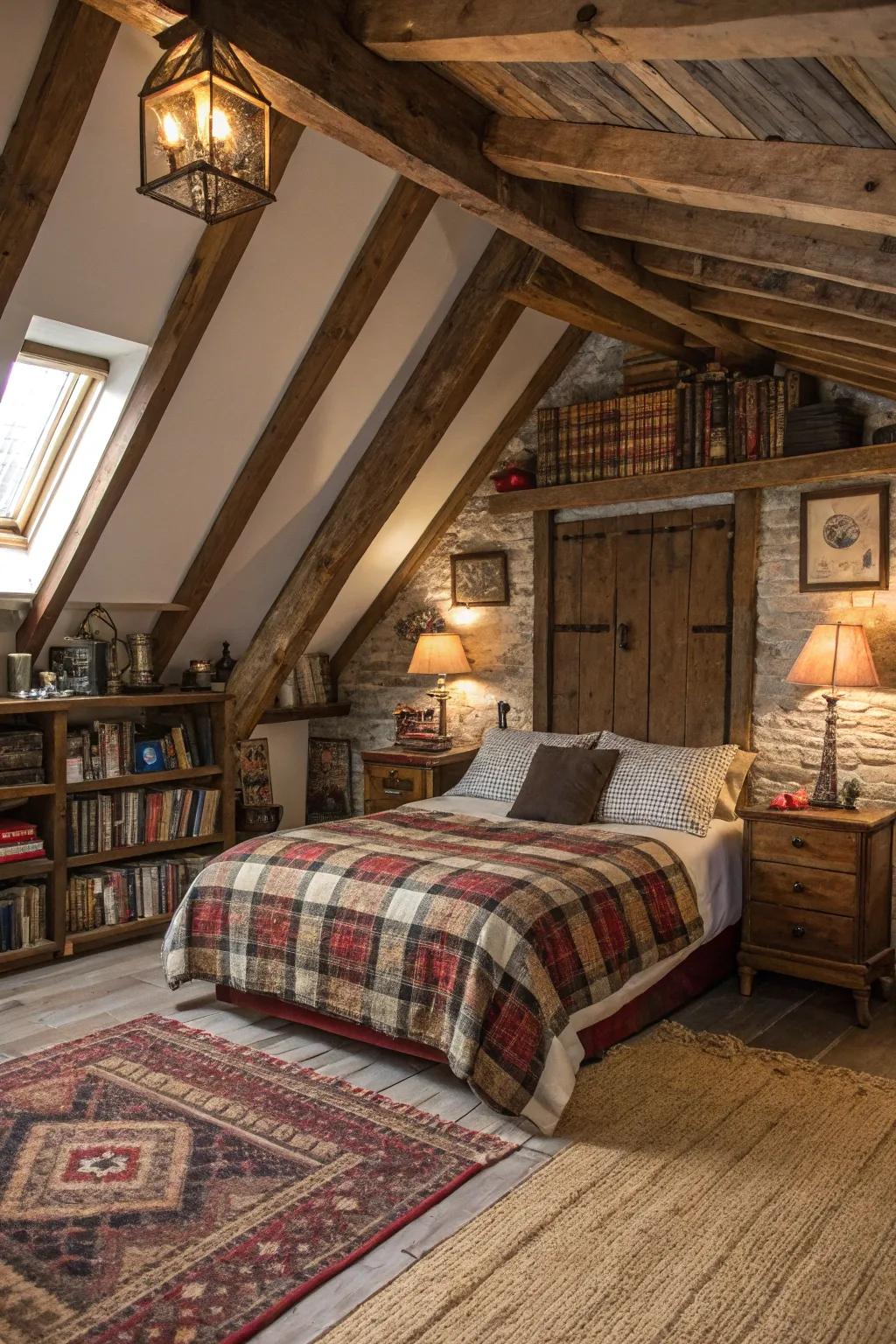 Exposed wooden beams impart country charm to your attic retreat.
