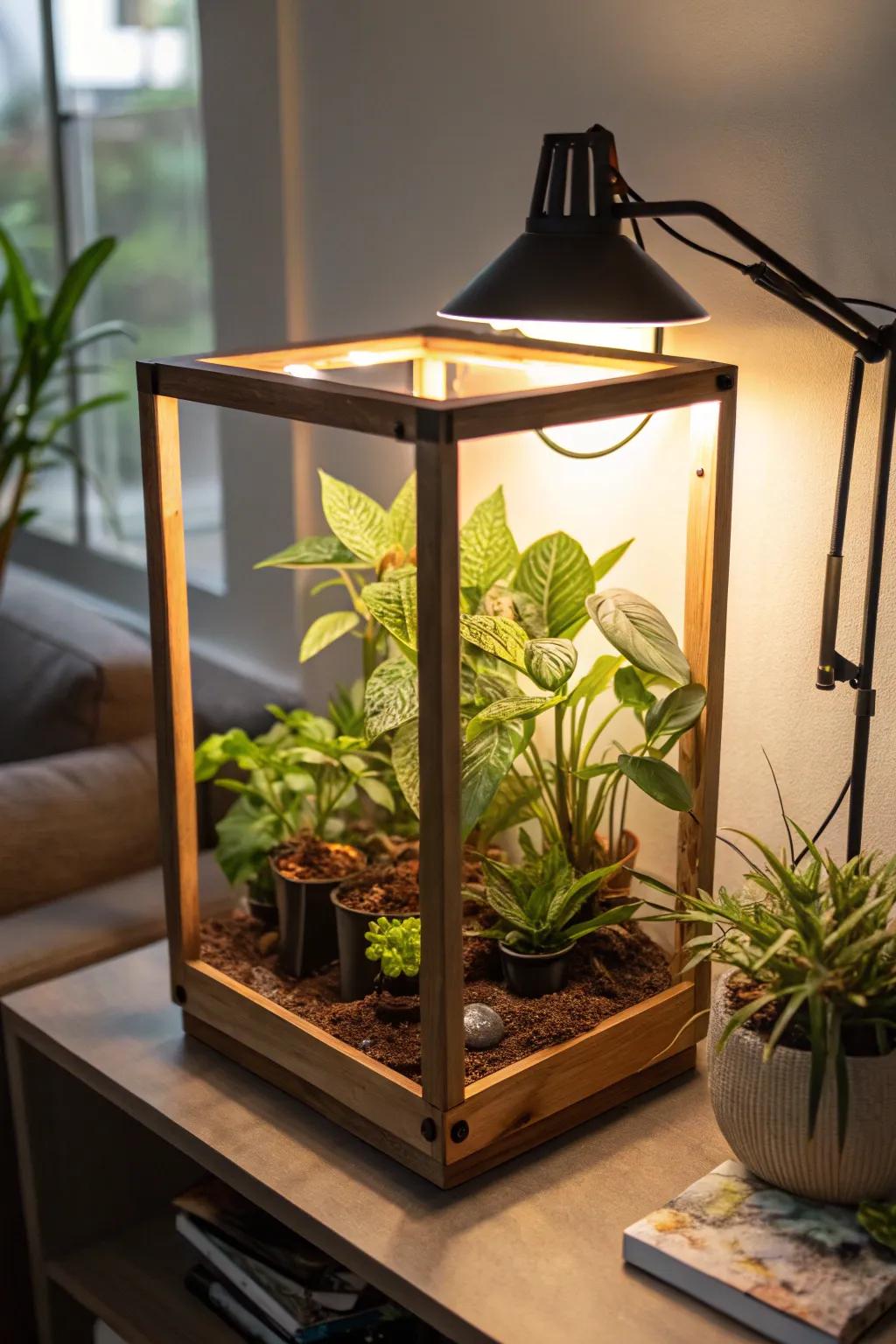 A DIY grow light fixture emitting a cozy glow over a small indoor garden.