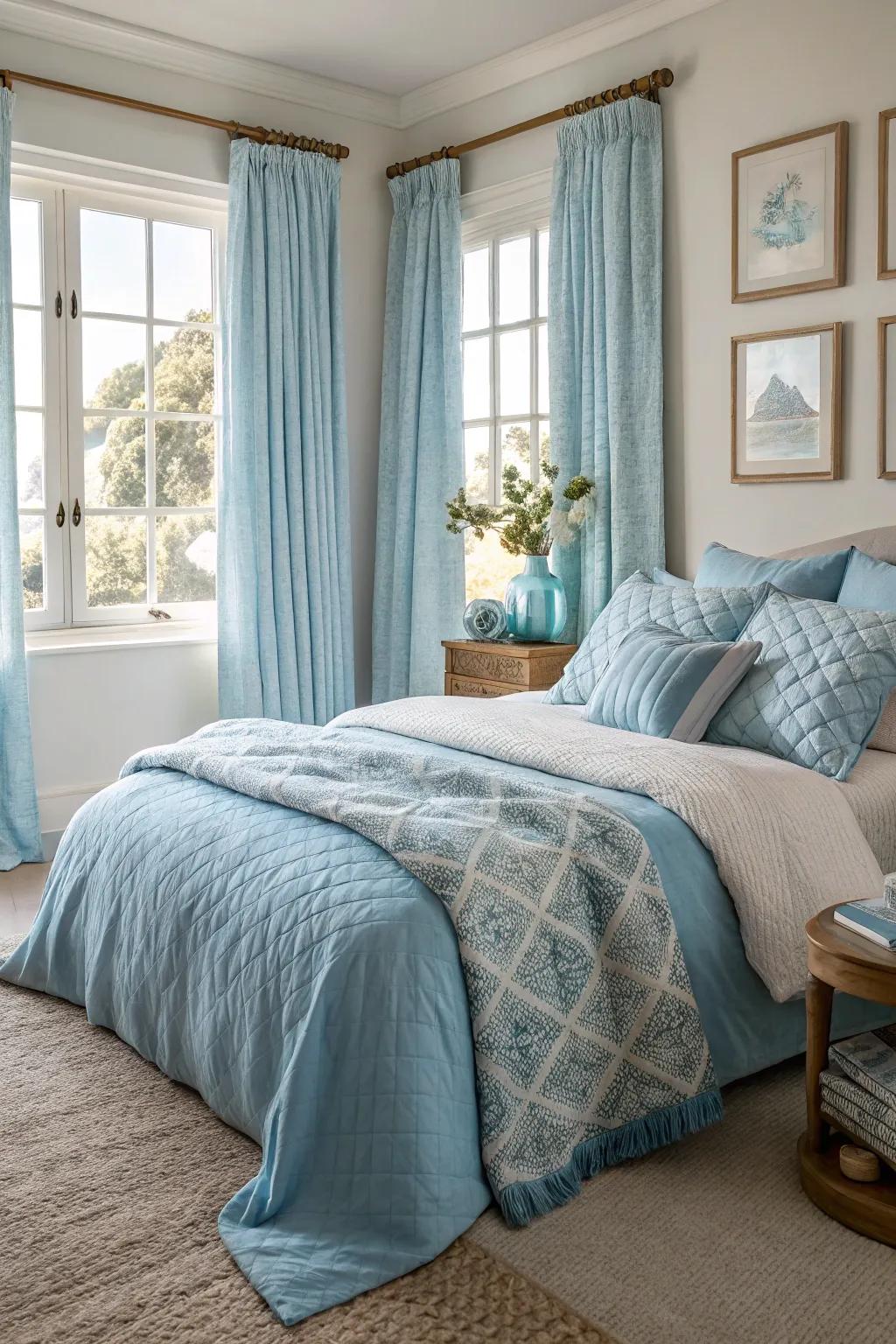 Textural layers offer dimension and comfort to a sky blue bedroom theme.