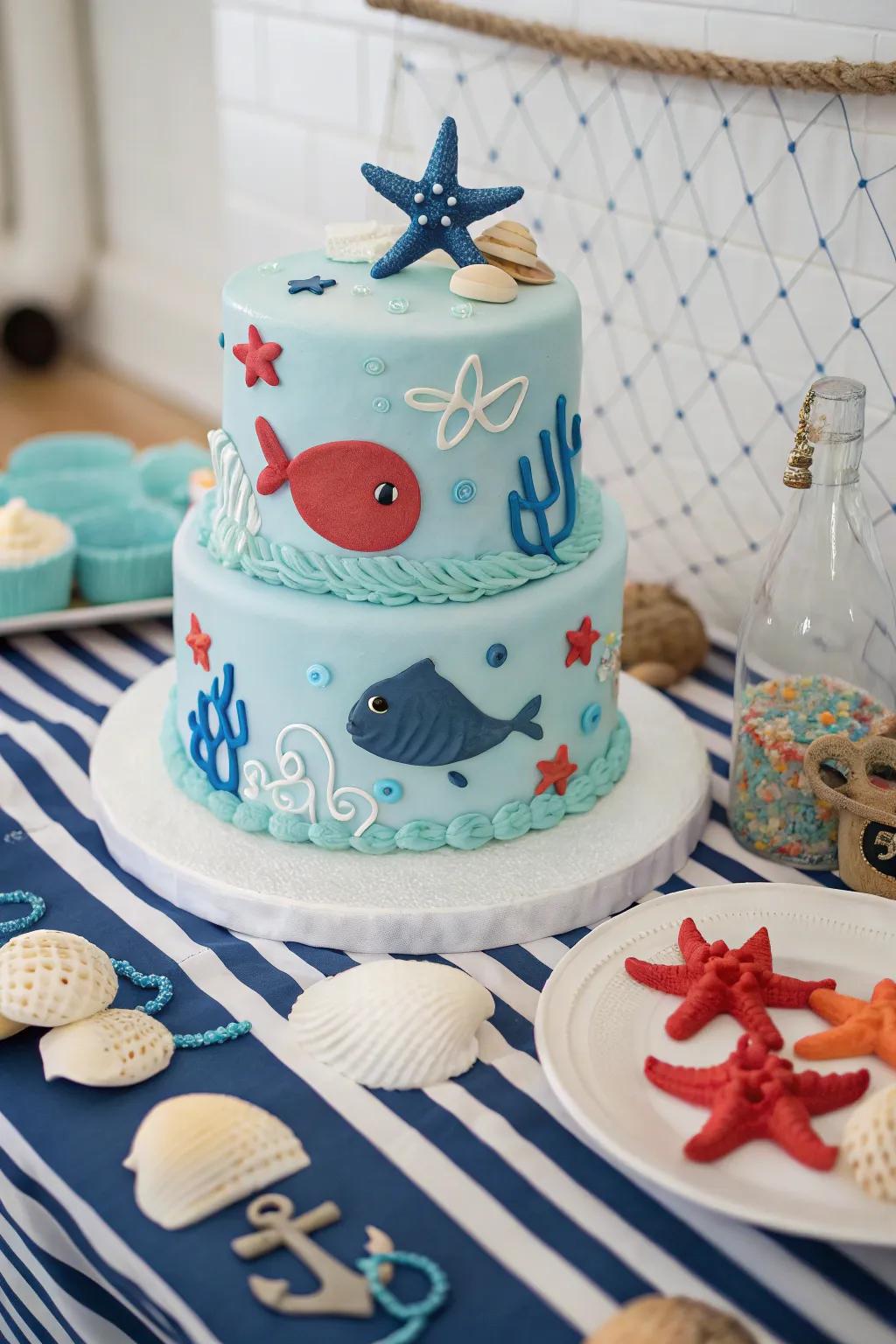 An ocean-inspired cake featuring delightful sea inhabitant decorations.