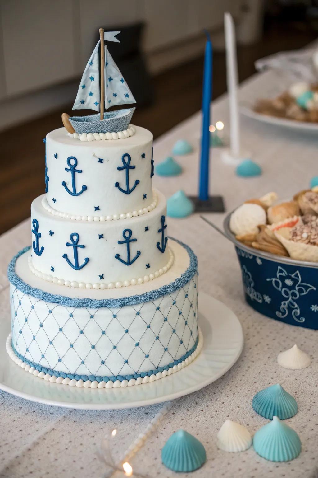 A nautical-themed cake perfect for a baby boy shower adventure.