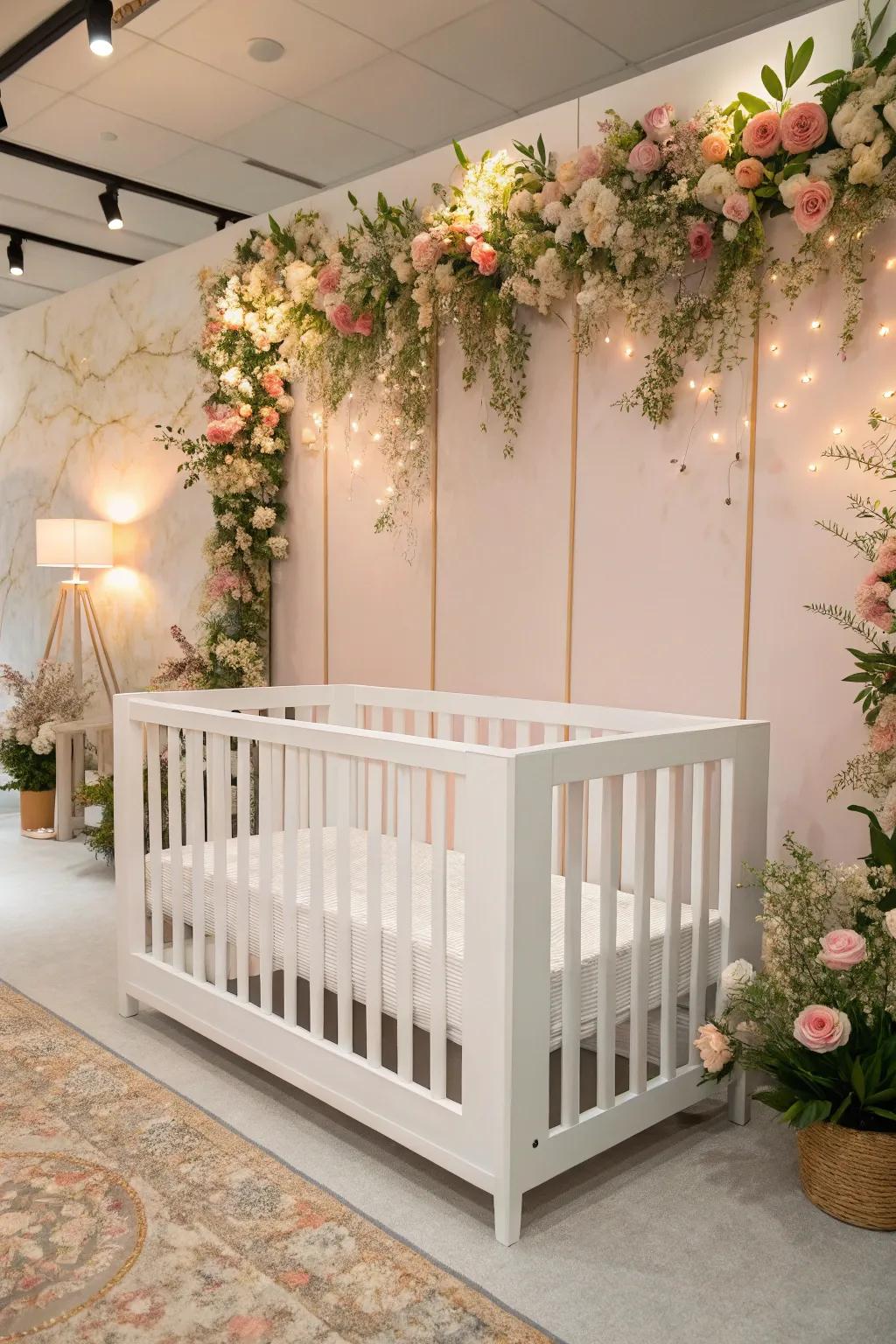 A modern crib includes a polished touch to the blossom nursery.