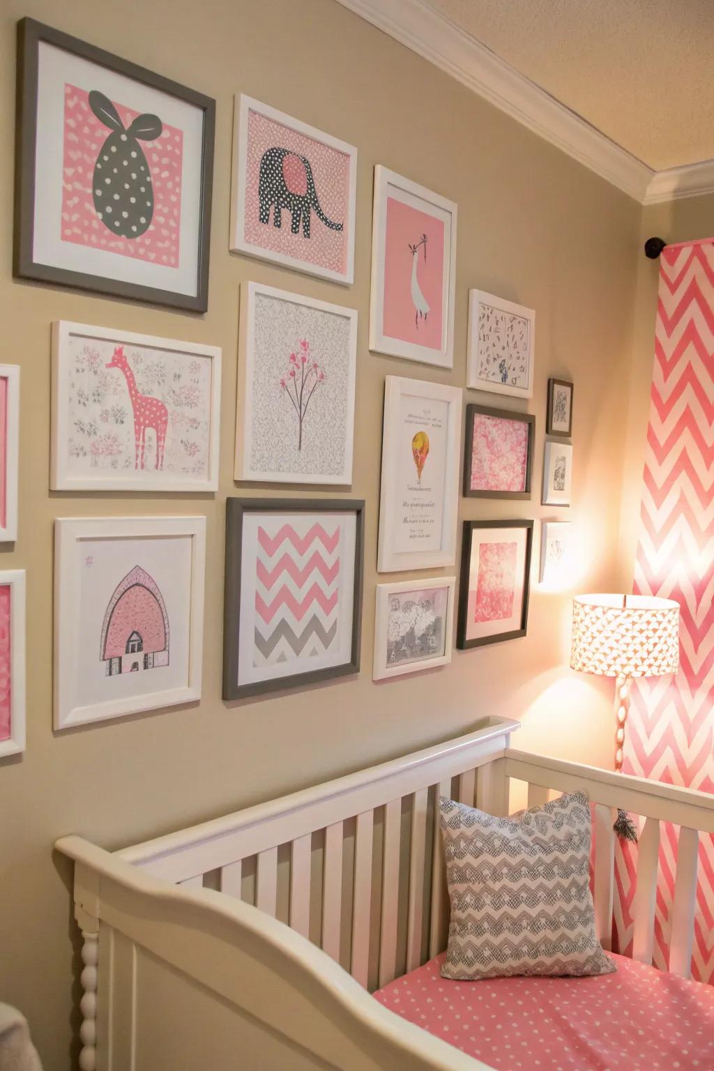 Art prints add a touch of personality to the nursery walls.