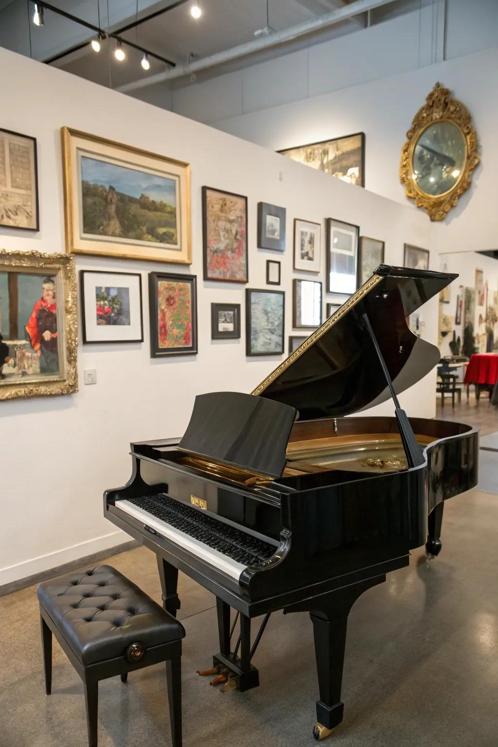Artistic components amplify the sophistication of the piano space.