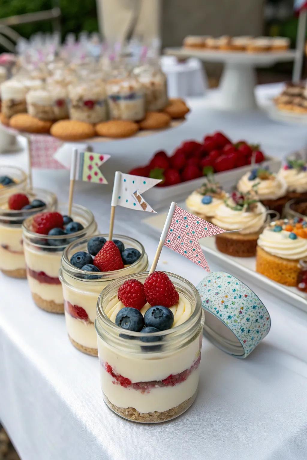 Mini cream desserts in jars featuring decorative aspects.