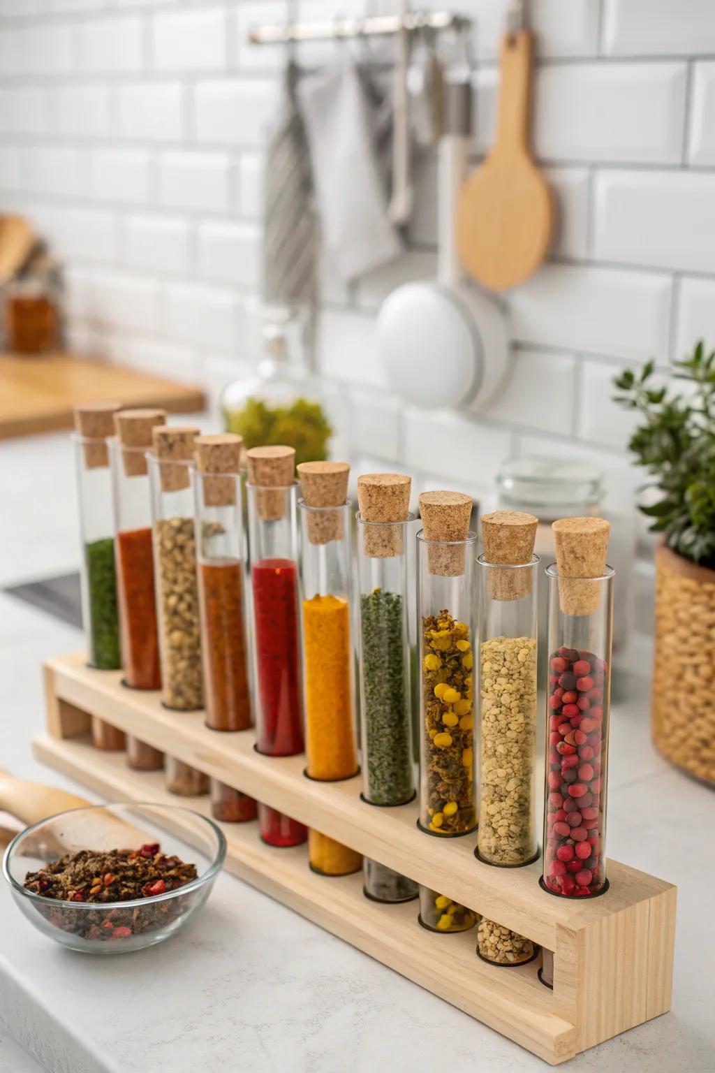 Examination tubes filled with seasonings or teas provide a distinctive presentation.